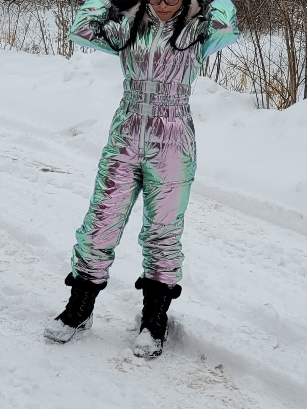 Club Exx Aurora Beam Iridescent Holographic Snowsuit with Faux Fur Hood - Picture 10 of 10